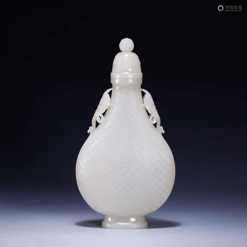 CHINESE HETIAN JADE FLORAL-HANDLED COVERED VASE