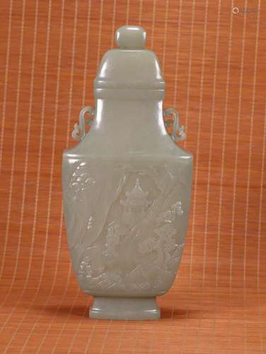 CHINESE HETIAN JADE VASE WITH CARVED 'FIGURE IN A LANDSC...