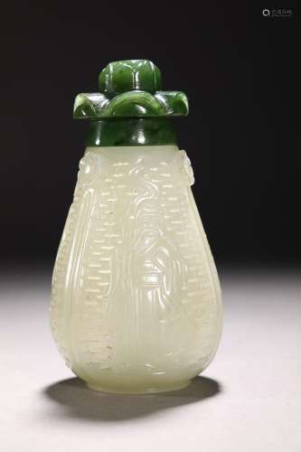 CHINESE HETIAN JADE VASE WITH CARVED 'TRIO OF CHINESE DE...