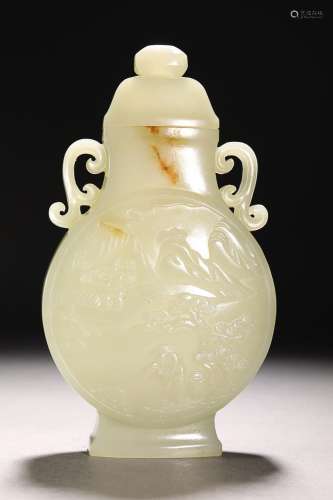 CHINESE HETIAN JADE VASE WITH CARVED 'FIGURE IN A LANDSC...
