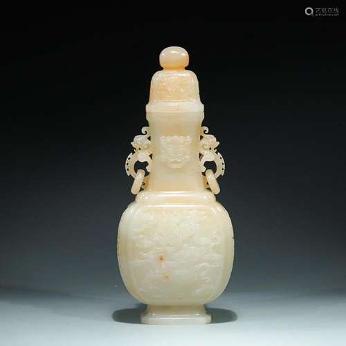 CHINESE HETIAN JADE BEAST-HANDLED VASE WITH CARVED 'BEAS...