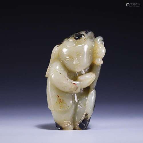 CHINESE HETIAN BLACK-AND-WHITE JADE FIGURE OF BOY