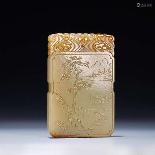 CHINESE INSCRIBED HETIAN YELLOW JADE PLAQUE WITH CARVED '...