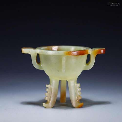 CHINESE HETIAN YELLOW JADE HANDLED CENSER ON THREE LEGS