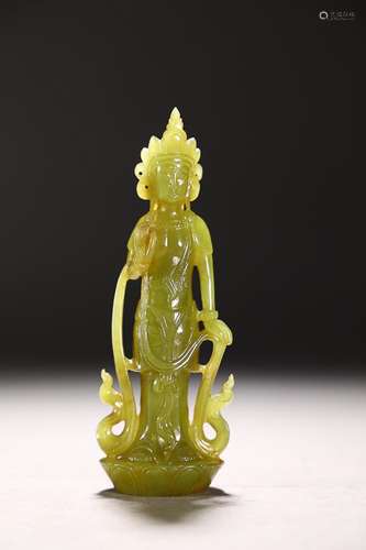 CHINESE HETIAN YELLOW JADE FIGURE OF GUANYIN