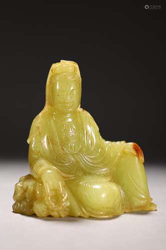 CHINESE HETIAN YELLOW JADE FIGURE OF GUANYIN