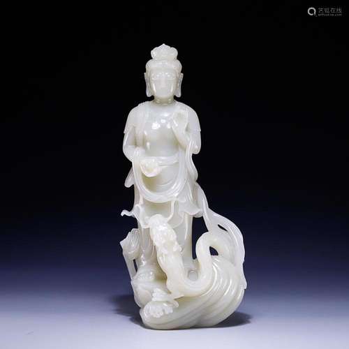 CHINESE HETIAN JADE FIGURE OF GUANYIN AND DRAGON