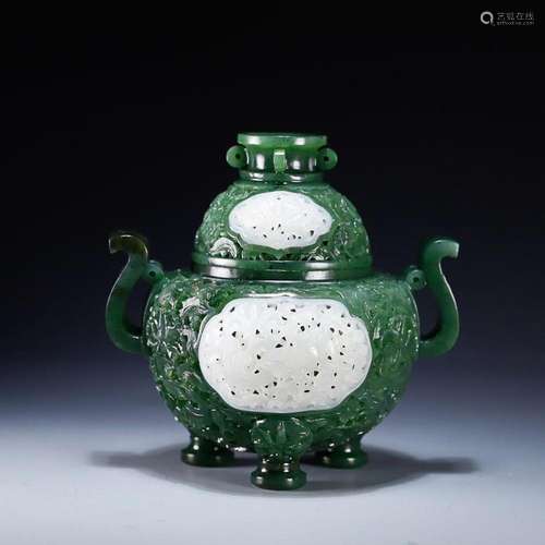 CHINESE WHITE JADE-EMBELLISHED HETIAN JADE JASPER HANDLED IN...