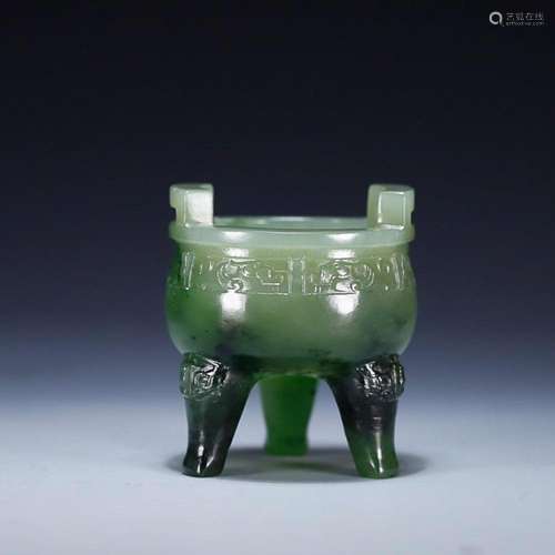 CHINESE HETIAN JADE JASPER DING-FORM CENSER ON THREE LEGS