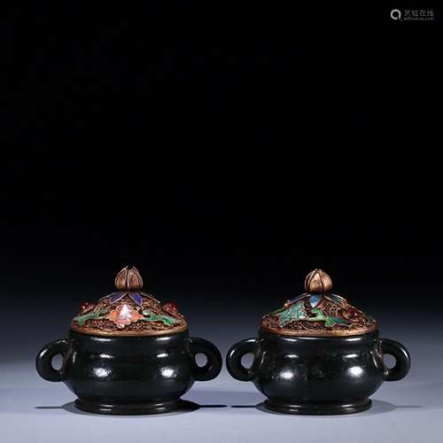 TWO CHINESE GILT-SILVER-EMBELLISHED HETIAN JADE JASPER CENSE...