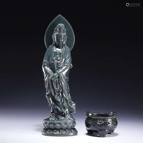 CHINESE HETIAN JADE JASPER FIGURE OF GUANYIN