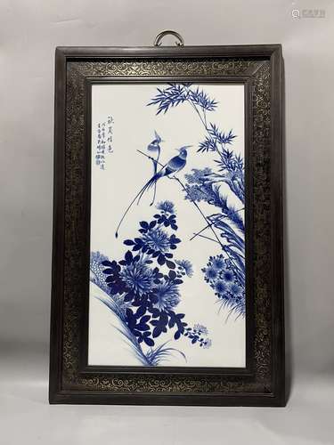 红木镶铜皮镶瓷板画青花花鸟秋菊佳色挂屏