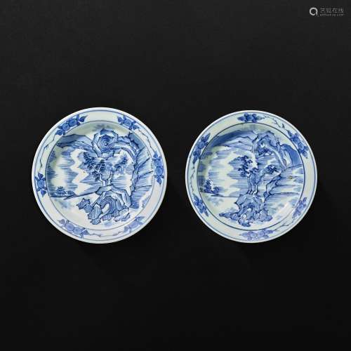 A pair of blue and white ‘Master of the Rocks’ dishes, late ...