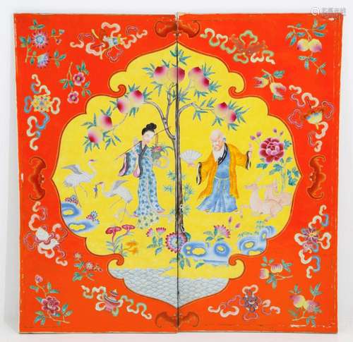 Pair of plaques "GUANYN WITH PEACHES AND HERONS"