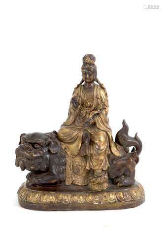 Bronze sculpture "GUANYN SITTING ON A FO DOG"
