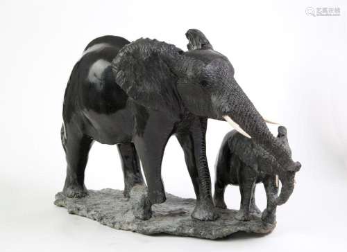 JOSHUA CHIRUME. Black marble sculpture "ELEPHANT WITH E...