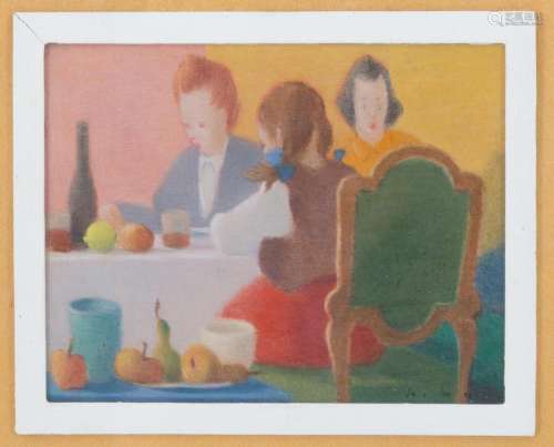 ANTONIO CALDERARA. Painting "FAMILY AT TABLE"