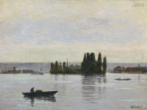 JOSEPH DELATTRE (FRENCH 1858-1912), BOATS ON A RIVER LANDSCA...