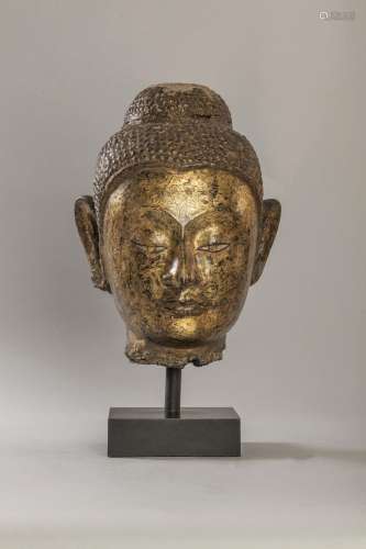 Tête de Buddha à la coiffure bouclée à l'expression médi...