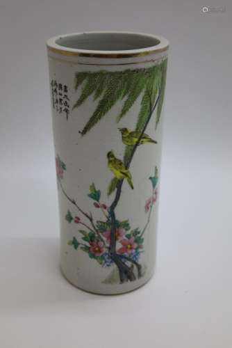 Chinese porseleinen cilindervaas met vogeldecor - Hoogte 27,...