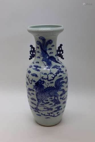 Chinese porseleinen vaas met blauw/wit fo honden decor met v...