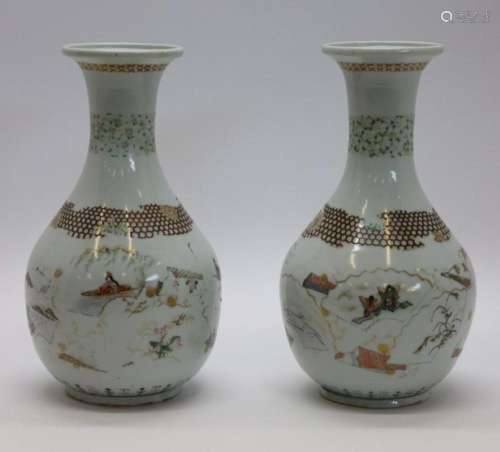 Paar Japanse porseleinen vazen met natuurtaferelen - Hoogte ...