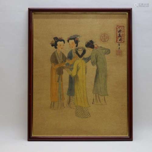 Rechts boven getekend '4 dames' Aziatische aquarel 6...