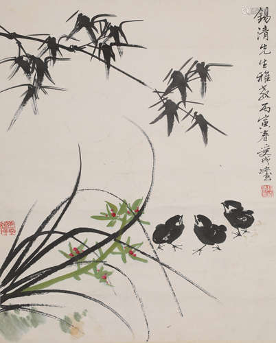 邱受成花鸟纸本镜片