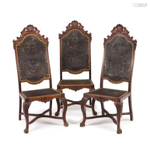 A set of three D. João V style tall backed chairs
