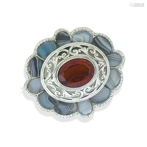 A SILVER, CITRINE AND HARDSTONE BROOCH, VICTORIAN