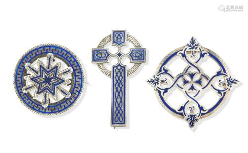 A SILVER AND ENAMEL PENDANT AND TWO SIMILAR BROOCHES