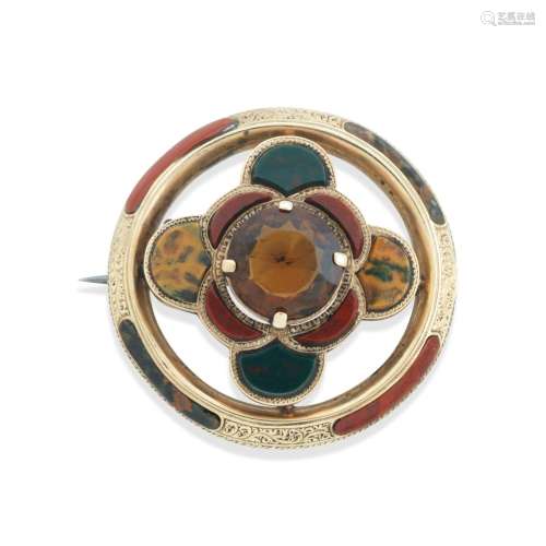 A GOLD, CITRINE AND HARDSTONE BROOCH, VICTORIAN