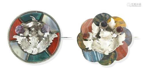 TWO SILVER GEM-SET AND HARDSTONE BROOCHES, VICTORIAN