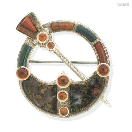 A SILVER, CITRINE AND HARDSTONE HUNTERSTON STYLE BROOCH, VIC...