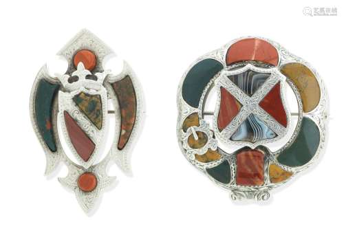 TWO SILVER AND HARDSTONE BROOCHES, VICTORIAN