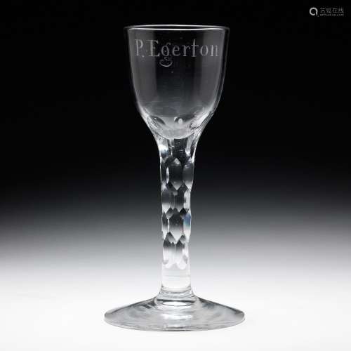 AN ENGRAVED CYCLE CLUB FACET STEM WINE GLASS FOR PHILIP EGER...