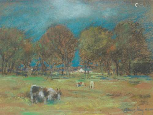 James Kay RSA RSW (British, 1858-1942) Clearing with goats g...