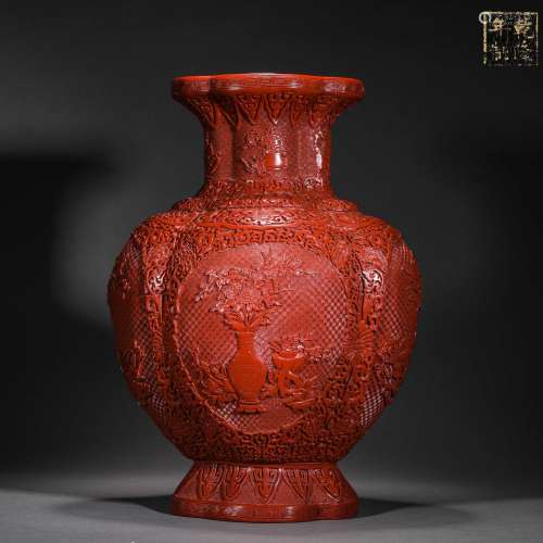 Qing Dynasty,Red Carved Flower Square Bottle