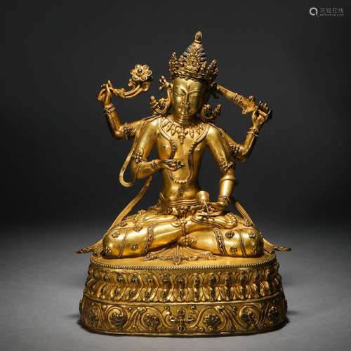 Qing Dynasty,Gilt Manjushri Buddhisattva Statue