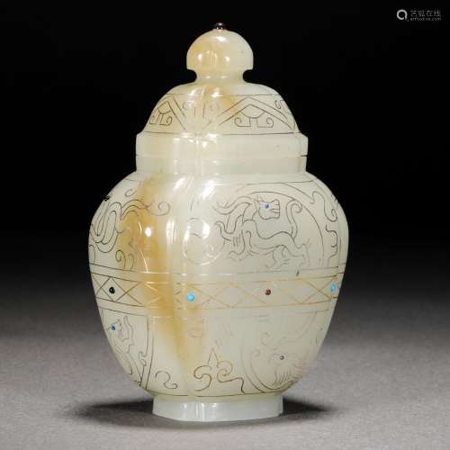 Qing Dynasty,Hetian Jade Inlaid Gold and Silver Bottle