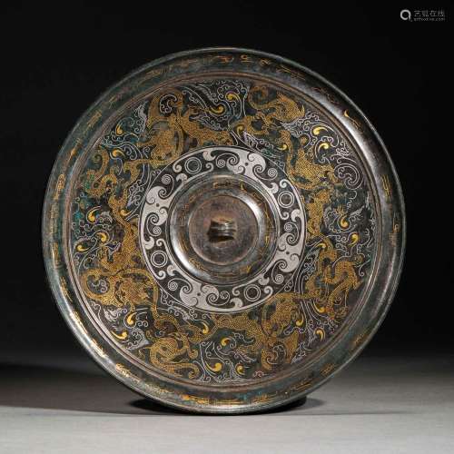 Han Dynasty,Inlaid Gold and Silver Beast Pattern Mirror