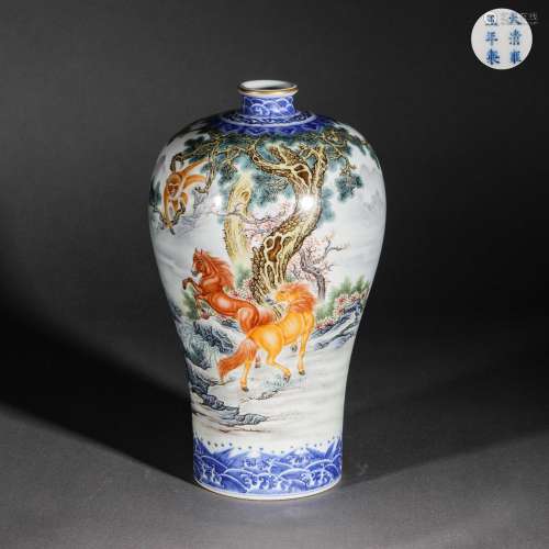 Qing Dynasty,Famille Rose Beast Pattern Prunus Vase