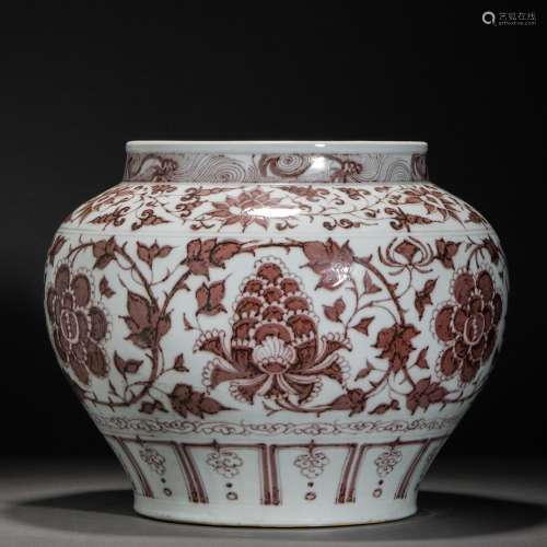 Yuan Dynasty,Underglaze Red Flower Large Jar