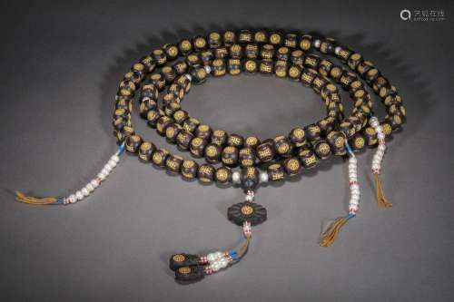 Qing Dynasty,Agalwood Gilt 108 Beads