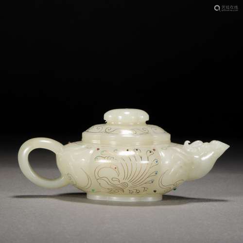 Qing Dynasty,Hetian Jade Inlaid Gold and Silver Holding Pot