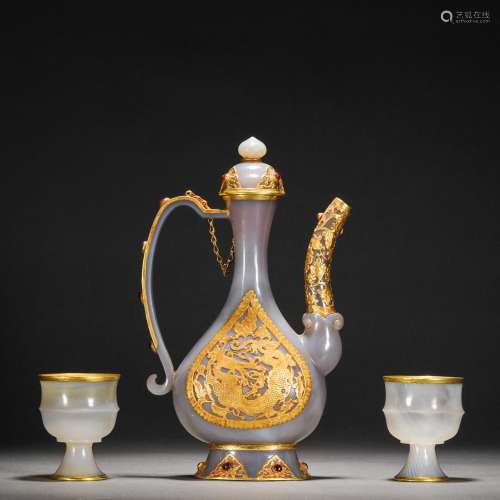 Qing Dynasty,Agate Gilt Holding Pot