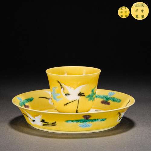 Qing Dynasty,Yellow Glaze Crane Tea Cup