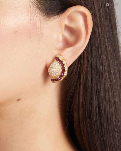 A PAIR OF RUBY AND DIAMOND EARCLIPS