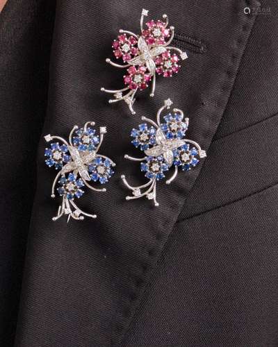 A GROUP OF SAPPHIRE, RUBY AND DIAMOND BROOCHES