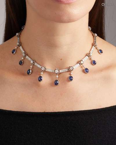 A DIAMOND AND SAPPHIRE NECKLACE,